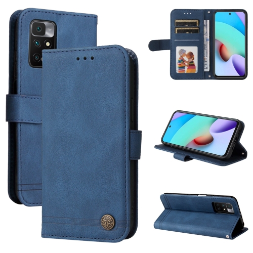 

For Xiaomi Redmi 10 Skin Feel Life Tree Metal Button Horizontal Flip Leather Case with Holder & Card Slot & Wallet & Photo Frame & Strap(Blue)