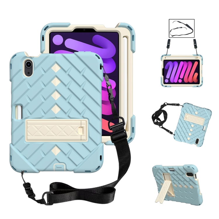

Shockproof Rhombus Robot PC + Silicone Protective Tablet Case with Holder & Shoulder Strap For iPad mini 6(Ice Crystal Blue)