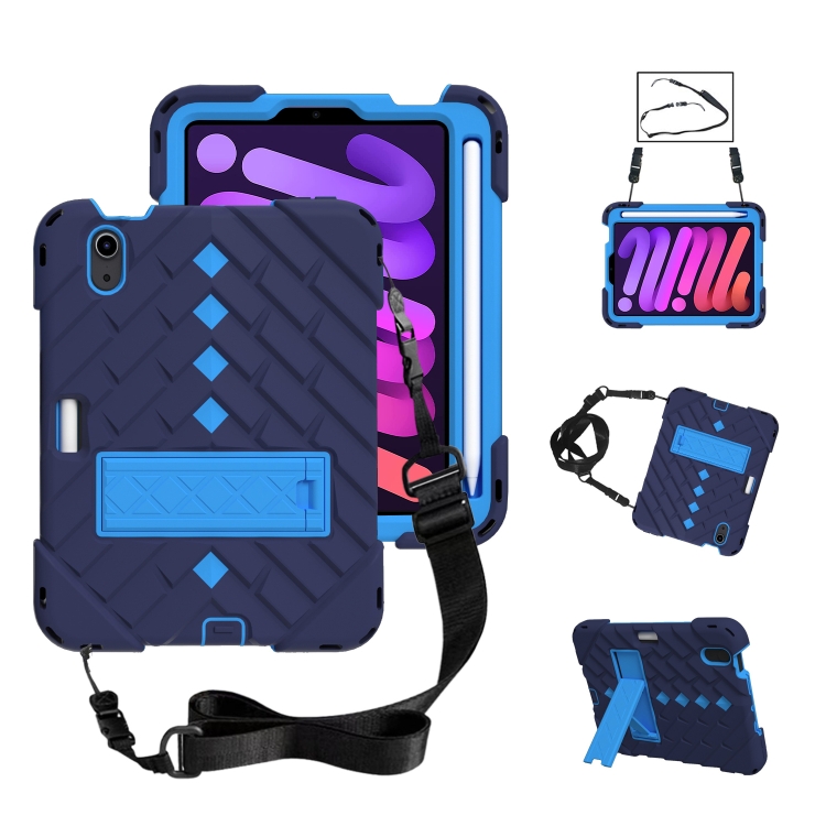 

Shockproof Rhombus Robot PC + Silicone Protective Tablet Case with Holder & Shoulder Strap For iPad mini 6(Navy Blue)