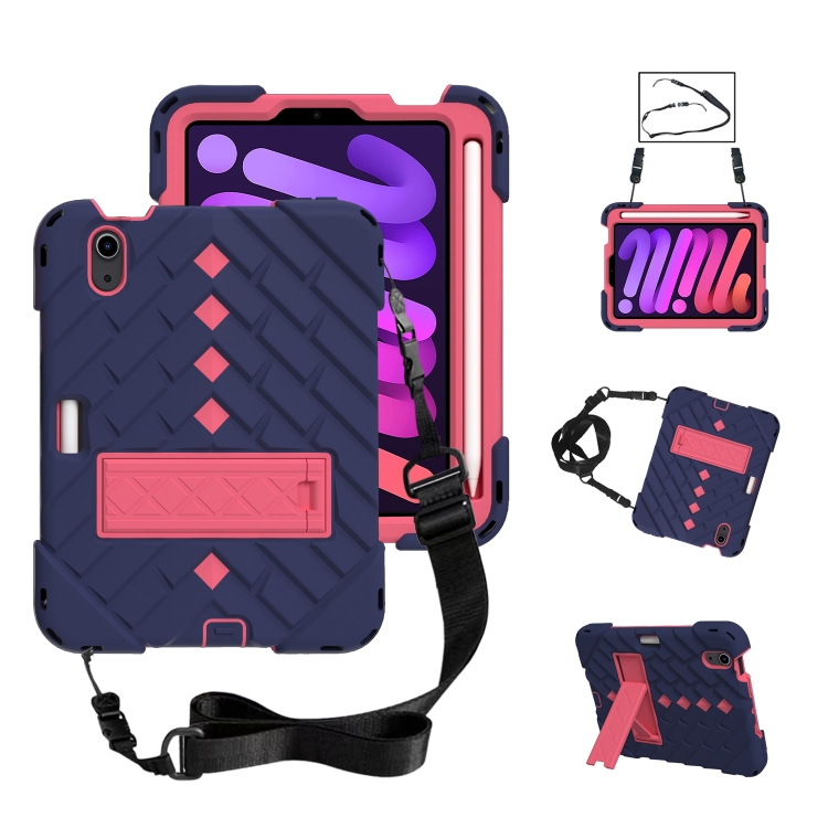 

Shockproof Rhombus Robot PC + Silicone Protective Tablet Case with Holder & Shoulder Strap For iPad mini 6(Navy Blue Rose Red)