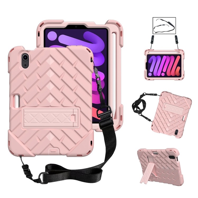 

Shockproof Rhombus Robot PC + Silicone Protective Tablet Case with Holder & Shoulder Strap For iPad mini 6(Rose Gold)