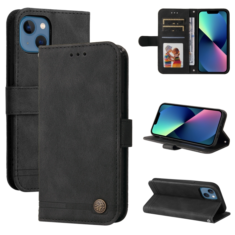

Skin Feel Life Tree Metal Button Horizontal Flip Leather Case with Holder & Card Slot & Wallet & Photo Frame & Strap For iPhone 13(Black)