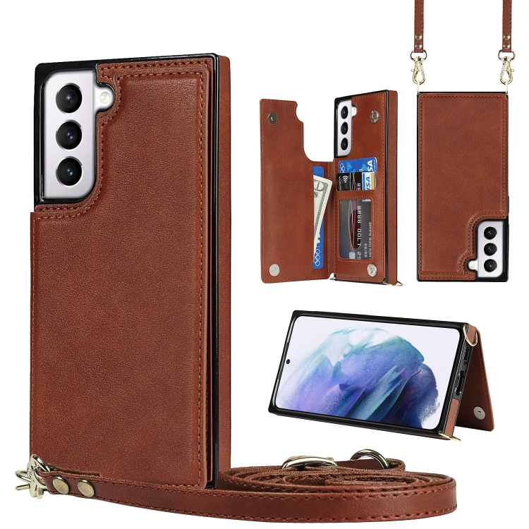 

For Samsung Galaxy S21 5G Cross-body Square Double Buckle Flip Card Bag TPU+PU Case with Card Slots & Wallet & Photo & Strap(Brown)