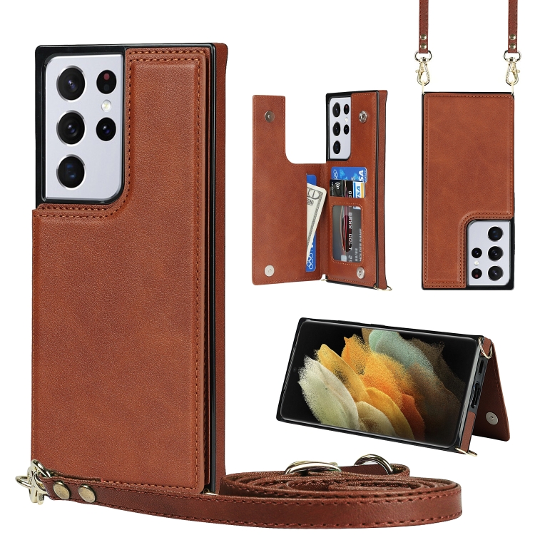 

For Samsung Galaxy S21 Ultra 5G Cross-body Square Double Buckle Flip Card Bag TPU+PU Case with Card Slots & Wallet & Photo & Strap(Brown)