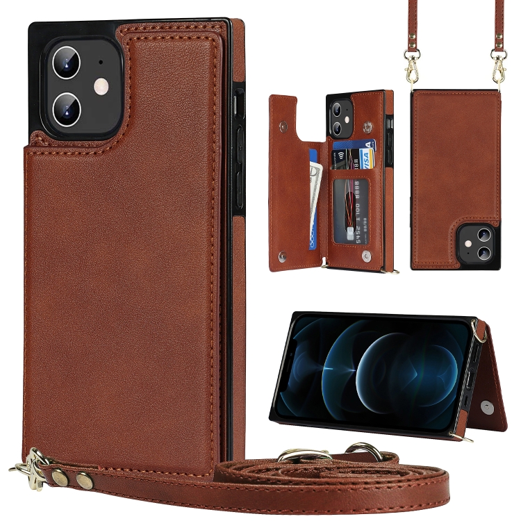 

Cross-body Square Double Buckle Flip Card Bag TPU+PU Case with Card Slots & Wallet & Photo & Strap For iPhone 12 mini(Brown)