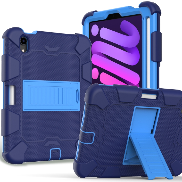 

Two-Color Robot Shockproof Silicone + PC Protective Tablet Case with Holder & Pen Slot For iPad mini 6(Navy Blue + Blue)