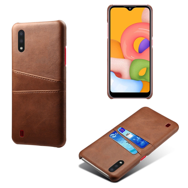 

For Samsung Galaxy A01 Calf Texture PC + PU Leather Back Cover Shockproof Case with Dual Card Slots(Brown)