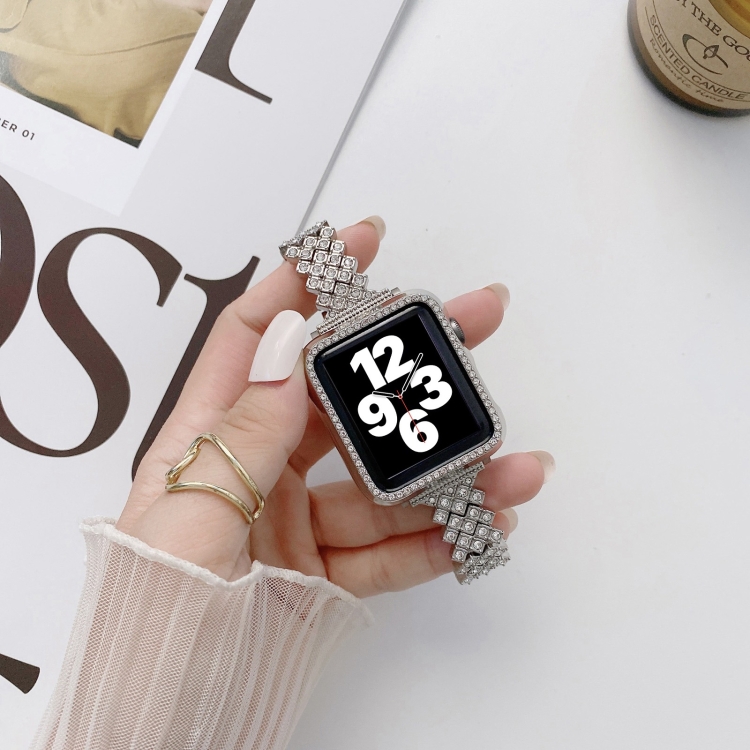 Rhombus Full Diamond Metal Wrist Strap Watch Band For Apple