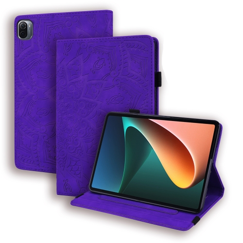 

For Xiaomi Mi Pad 5 / 5 Pro Calf Pattern Double Folding Design Embossed Leather Case with Holder & Card Slots & Pen Slot & Elastic Band(Purple)