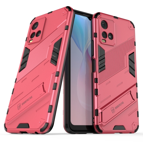 

For vivo Y21 Punk Armor 2 in 1 PC + TPU Shockproof Case with Invisible Holder(Light Red)