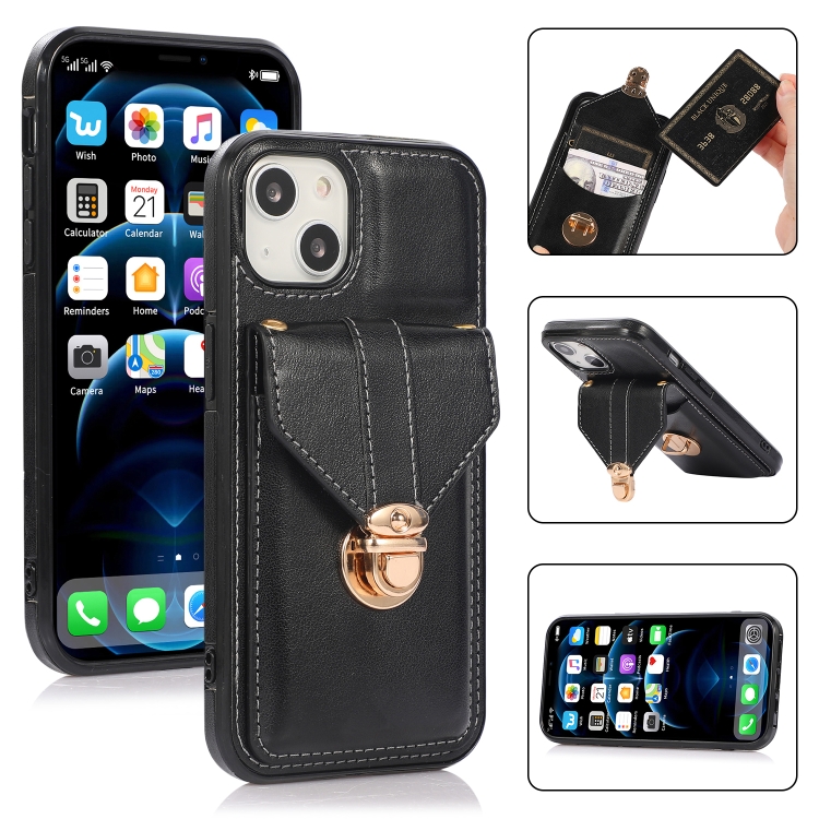 

Fashion Buckle Protective Case with Holder & Card Slot & Wallet & Lanyard For iPhone 13 Pro(Black)
