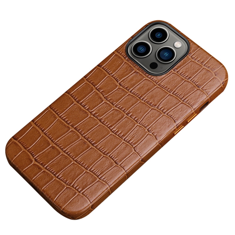 

Crocodile Texture Top Layer Cowhide Leather Back Cover Shockproof Case For iPhone 13 Pro(Brown)