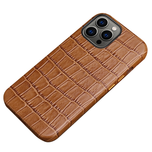 

For iPhone 13 Pro Max Crocodile Texture Top Layer Cowhide Leather Back Cover Shockproof Case (Brown)