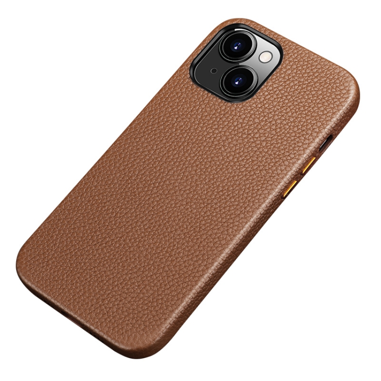 

Litchi Texture Top Layer Cowhide Leather Back Cover Shockproof Case For iPhone 13(Brown)