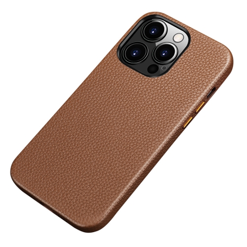 

Litchi Texture Top Layer Cowhide Leather Back Cover Shockproof Case For iPhone 13 Pro(Brown)