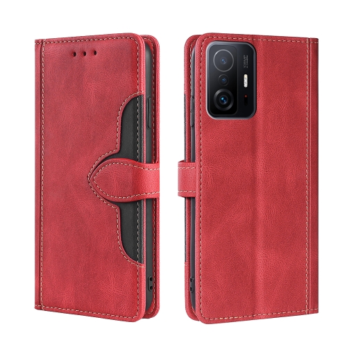 

For Xiaomi Mi 11T Skin Feel Straw Hat Magnetic Buckle Horizontal Flip PU Leather Case with Holder & Card Slots & Wallet(Red)