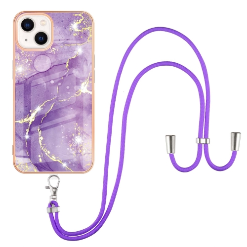 

For iPhone 13 mini Electroplating Marble Pattern IMD TPU Shockproof Case with Neck Lanyard (Purple 002)