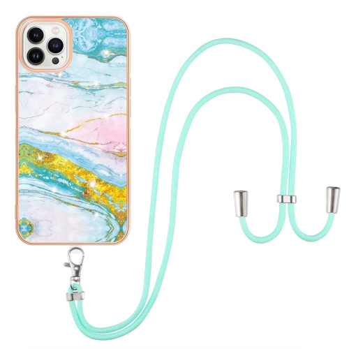 

For iPhone 13 Pro Max Electroplating Marble Pattern IMD TPU Shockproof Case with Neck Lanyard (Green 004)