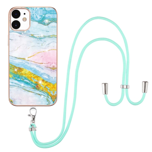 

For iPhone 12 / 12 Pro Electroplating Marble Pattern IMD TPU Shockproof Case with Neck Lanyard(Green 004)