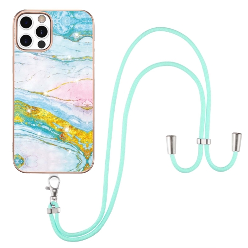 

Electroplating Marble Pattern IMD TPU Shockproof Case with Neck Lanyard For iPhone 12 Pro Max(Green 004)