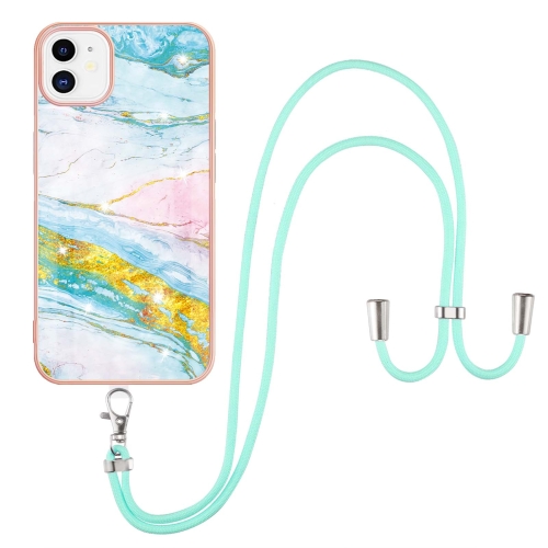 

For iPhone 11 Electroplating Marble Pattern IMD TPU Shockproof Case with Neck Lanyard (Green 004)