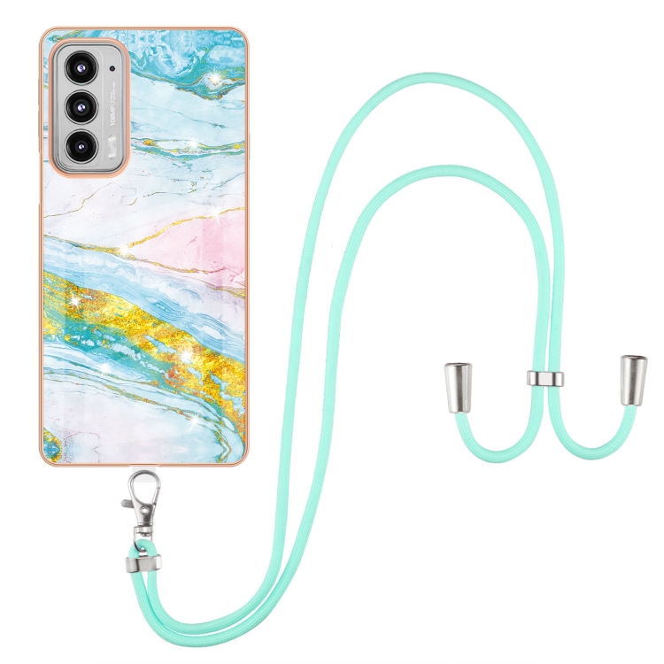 

For Motorola Edge 20 Electroplating Marble Pattern IMD TPU Shockproof Case with Neck Lanyard(Green 004)