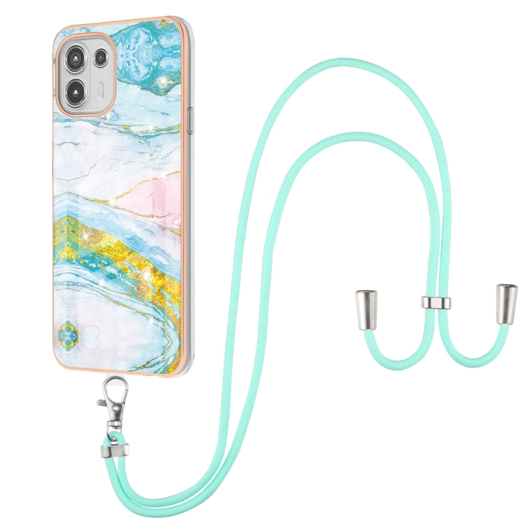 

For Motorola Edge 20 Lite Electroplating Marble Pattern IMD TPU Shockproof Case with Neck Lanyard(Green 004)