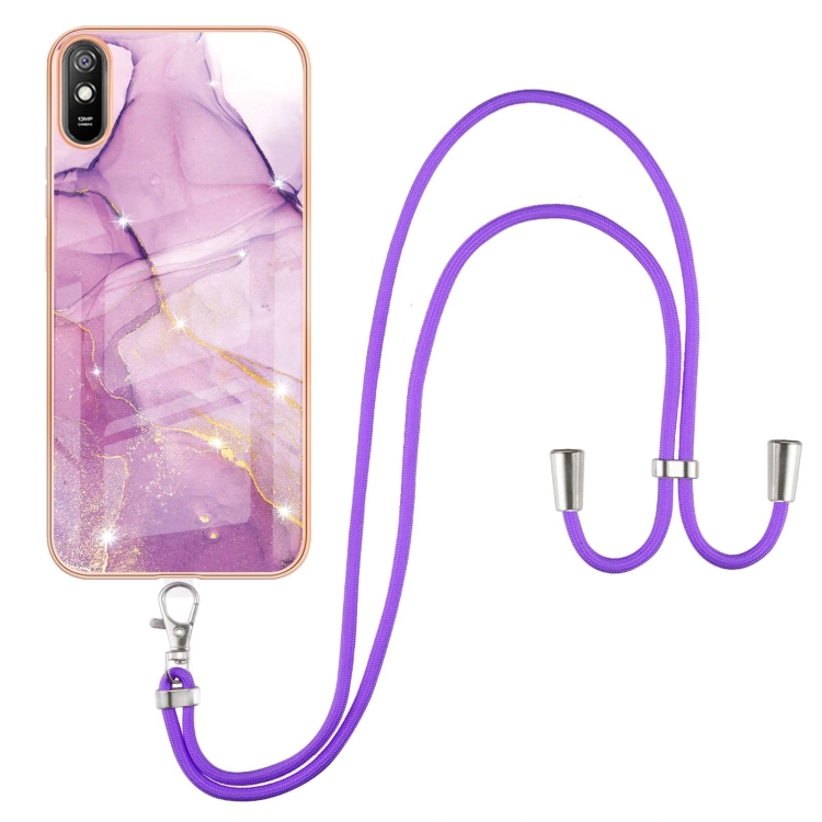 

For Xiaomi Redmi 9A Electroplating Marble Pattern IMD TPU Shockproof Case with Neck Lanyard(Purple 001)