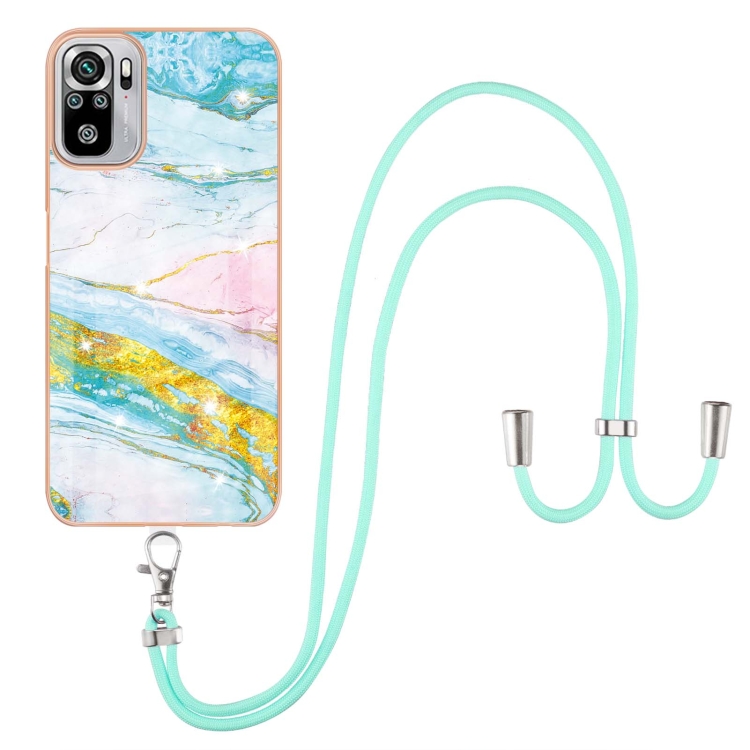 

For Xiaomi Redmi Note 10s / Note 10 4G Electroplating Marble Pattern IMD TPU Shockproof Case with Neck Lanyard(Green 004)