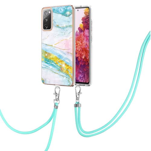 

For Samsung Galaxy S20 FE 5G / 4G Electroplating Marble Pattern IMD TPU Shockproof Case with Neck Lanyard(Green 004)