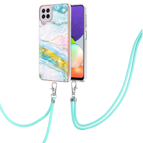 

For Samsung Galaxy A22 4G EU Version 158mm Electroplating Marble Pattern IMD TPU Shockproof Case with Neck Lanyard(Green 004)