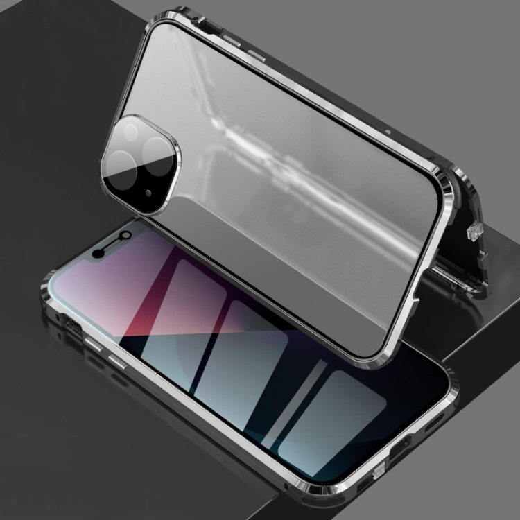 

For iPhone 13 Four-corner Shockproof Anti-peeping Magnetic Metal Frame Double-sided Tempered Glass Case(Black)