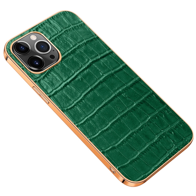 

Electroplated Edge Crocodile Texture Top Layer Cowhide Leather Back Cover Shockproof Case For iPhone 13 Pro Max(Green)