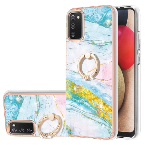 

For Samsung Galaxy A02s EU Version 164mm Electroplating Marble Pattern IMD TPU Shockproof Case with Ring Holder(Green 004)