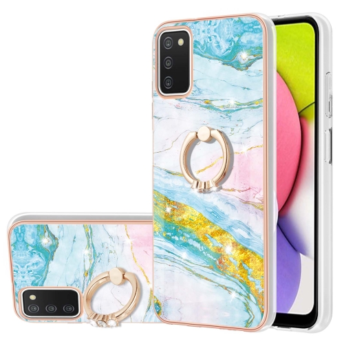 

For Samsung Galaxy A03s 166mm Electroplating Marble Pattern IMD TPU Shockproof Case with Ring Holder(Green 004)