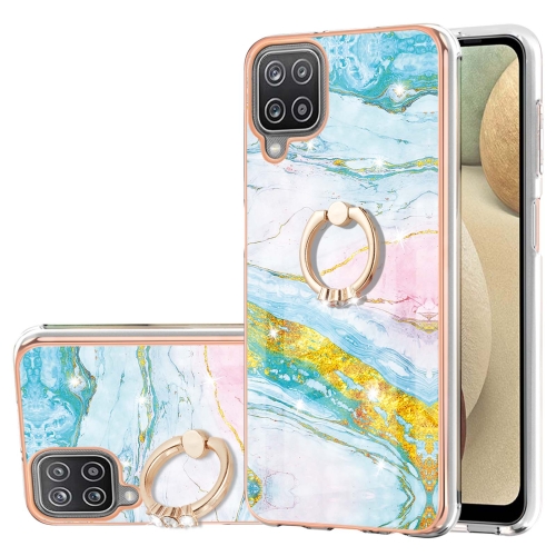 

For Samsung Galaxy A12 Electroplating Marble Pattern IMD TPU Shockproof Case with Ring Holder(Green 004)
