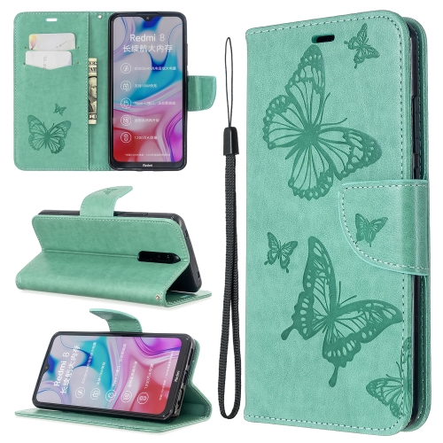 

For Xiaomi Redmi 8 Embossing Two Butterflies Pattern Horizontal Flip PU Leather Case with Holder & Card Slot & Wallet & Lanyard(Green)