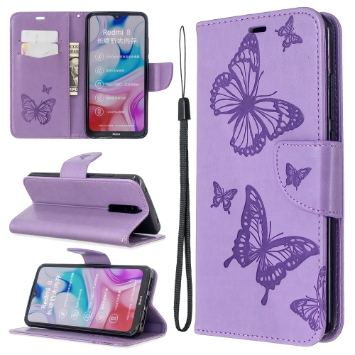 

For Xiaomi Redmi 8 Embossing Two Butterflies Pattern Horizontal Flip PU Leather Case with Holder & Card Slot & Wallet & Lanyard(Purple)