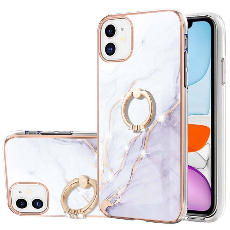 

For iPhone 11 Electroplating Marble Pattern IMD TPU Shockproof Case with Ring Holder (White 006)