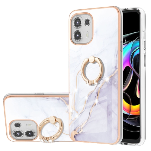 

For Motorola Moto Edge 20 Lite Electroplating Marble Pattern IMD TPU Shockproof Case with Ring Holder(White 006)