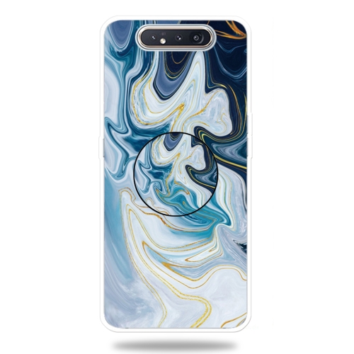 

For Galaxy A80 Embossed varnished Marble TPU Protective Case with Holder(Gold Line Blue)