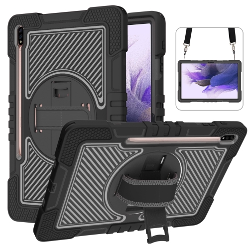 

For Samsung Galaxy Tab S7 FE T730 / T735 / Tab S7+ T970 / T975 360 Degree Rotation Contrast Color Shockproof Silicone + PC Case with Holder & Hand Grip Strap & Shoulder Strap(Black)