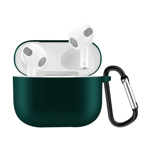 Solid Color Silicone Earphone Protective Case for AirPods 3, with Hook(Dark Green) for airpods 3 silver foil epoxy bluetooth earphone protective case transparent