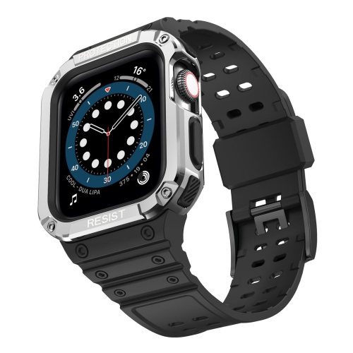 

Silicone Integrated Watch Band For Apple Watch Series 7 45mm / 6&SE&5&4 44mm / 3&2&1 42mm(Dark Black+Silver Frame)