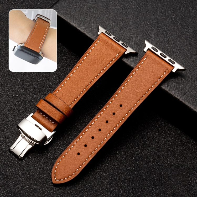 

Butterfly Clasp Top Layer Cowhide Leather Strap Watch Band For Apple Watch Ultra 49mm / Series 8&7 45mm / SE 2&6&SE&5&4 44mm / 3&2&1 42mm(Caramel Brown)
