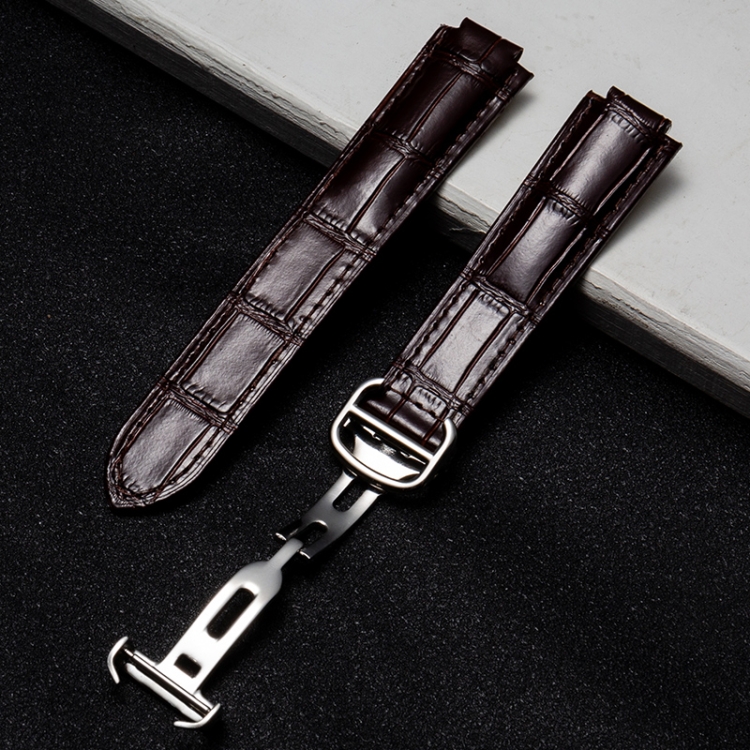 

20mm Bamboo Pattern First Layer Calfskin Silver Buckle Replacement Strap Watchband(Brown)