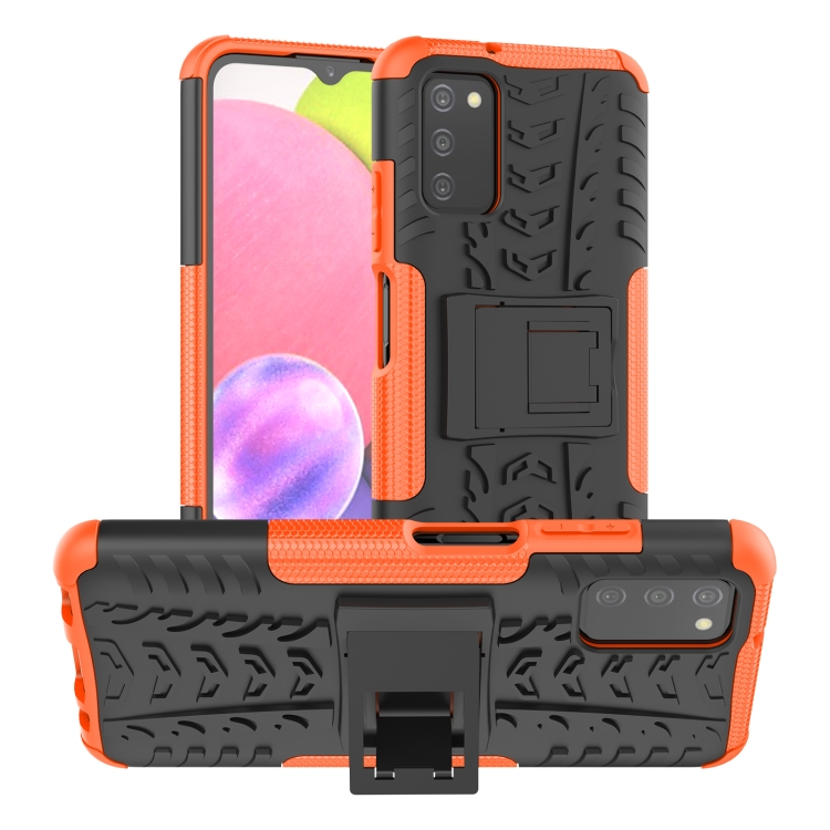 

For Samsung Galaxy A03S 164mm Tire Texture Shockproof TPU+PC Protective Case with Holder(Orange)