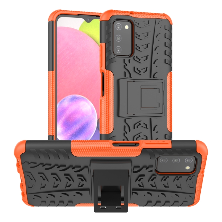 

For Samsung Galaxy A03S 166mm Tire Texture Shockproof TPU+PC Protective Case with Holder(Orange)