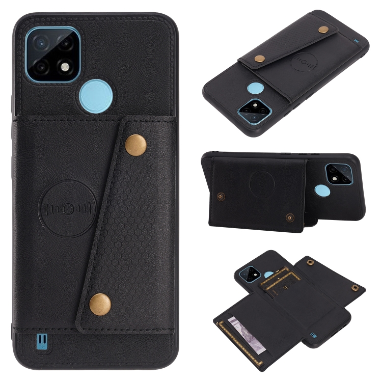 

For OPPO Realme C21Y Double Buckle PU + TPU Shockproof Magnetic Case with Card Slots & Holder(Black)