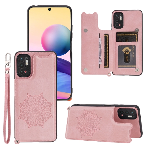 

For Xiaomi Redmi Note 10 5G Mandala Embossed PU + TPU Magnetic Case with Card Slots & Holder & Lanyard(Rose Gold)